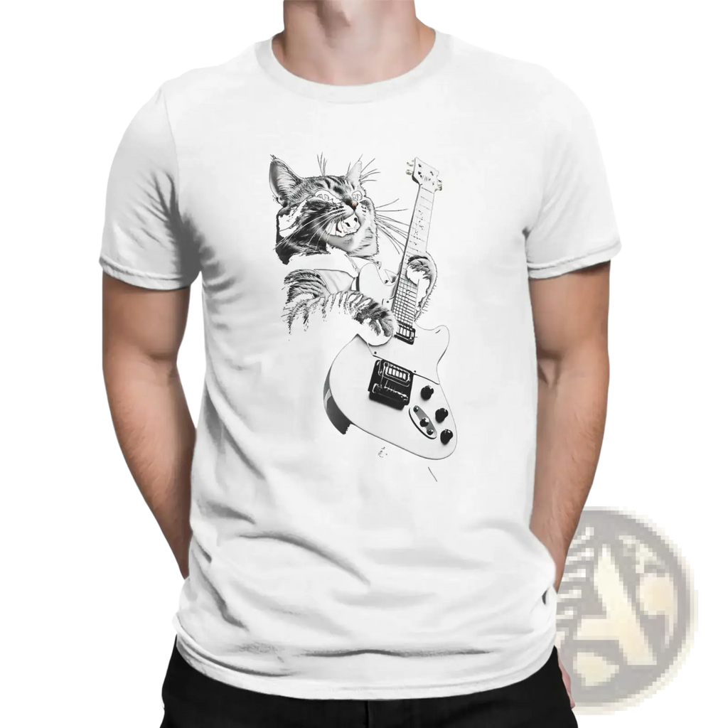 Men cat guitar cotton t-shirt featuring a white base with a black and white cat playing an electric guitar illustration
