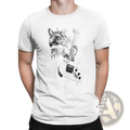 Men cat guitar cotton t-shirt featuring a white base with a black and white cat playing an electric guitar illustration