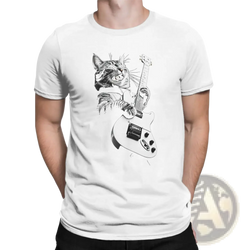 Men cat guitar cotton t-shirt featuring a white base with a black and white cat playing an electric guitar illustration