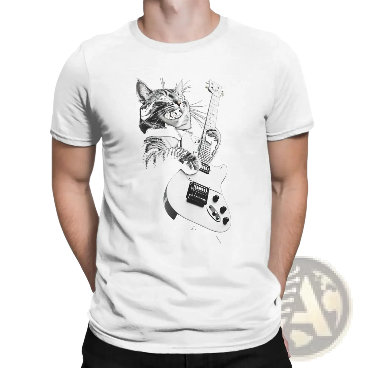 Men cat guitar cotton t-shirt featuring a white base with a black and white cat playing an electric guitar illustration