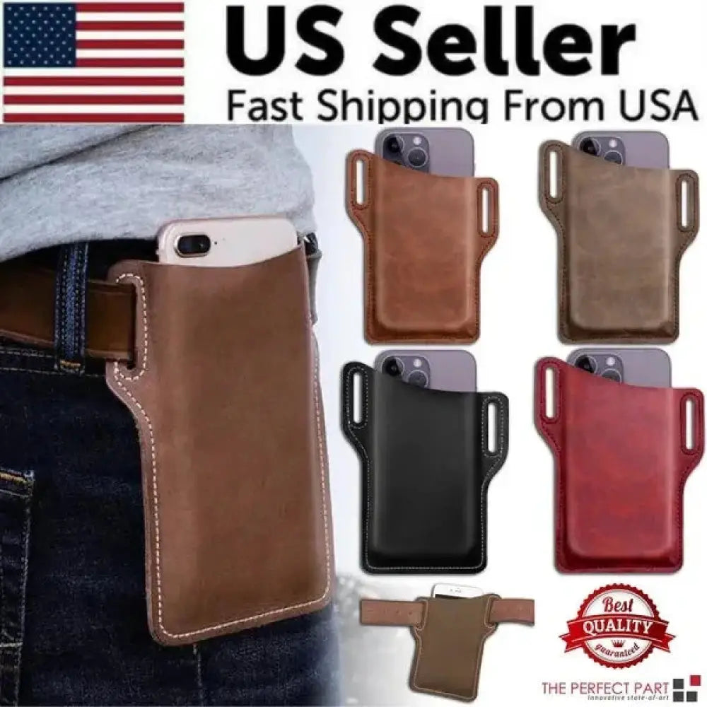 Brown genuine leather men’s belt loop phone holster with stitched edges and adjustable belt strap shown from the back
