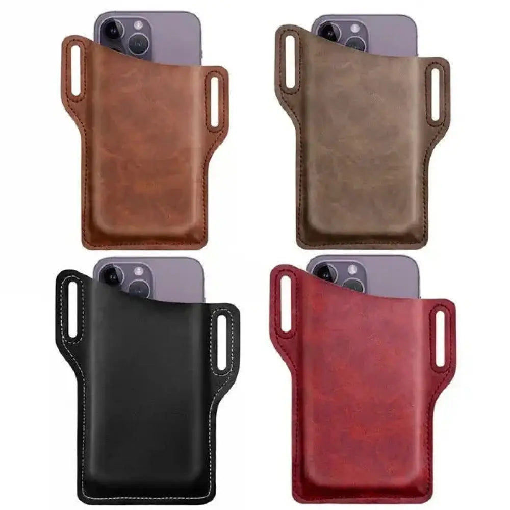 Genuine leather men’s belt loop phone holster and wallet case in brown black tan and red colors displayed
