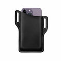 Genuine leather men’s belt loop phone holster in black with white stitching and side loops for secure attachment