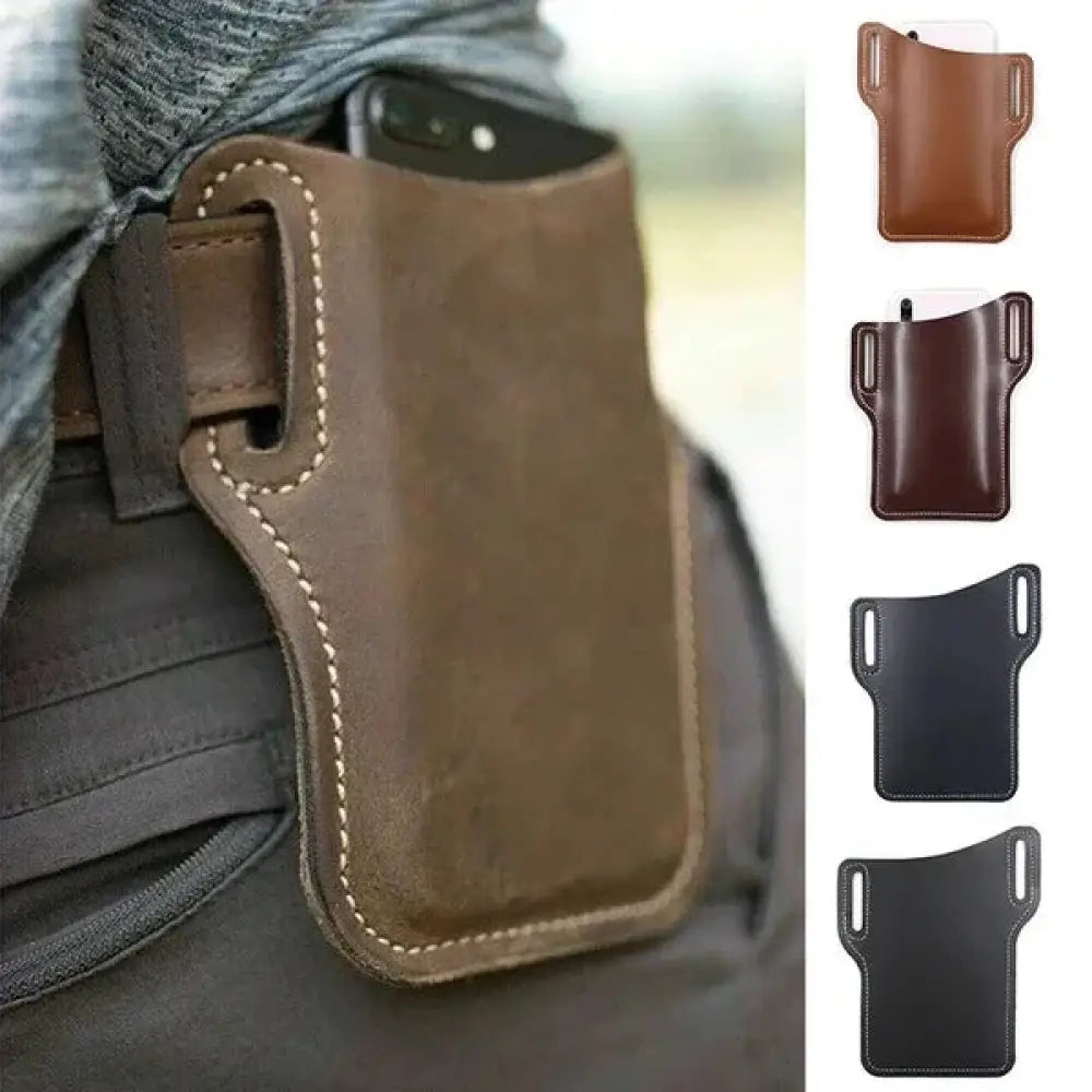 Brown leather genuine men’s belt loop phone holster with contrasting stitching and belt clip shown from back side