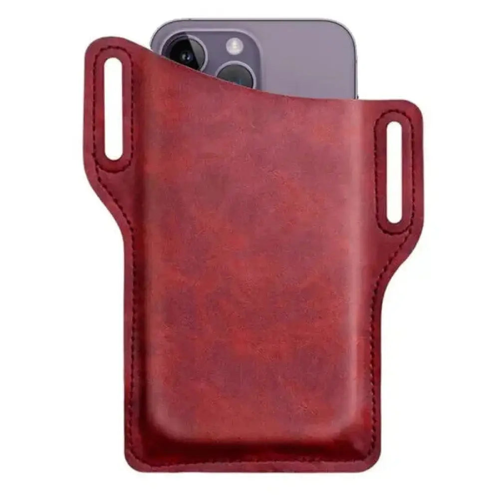 Red leather genuine leather men’s belt loop phone holster with stitched edges and side loops visible from the back side