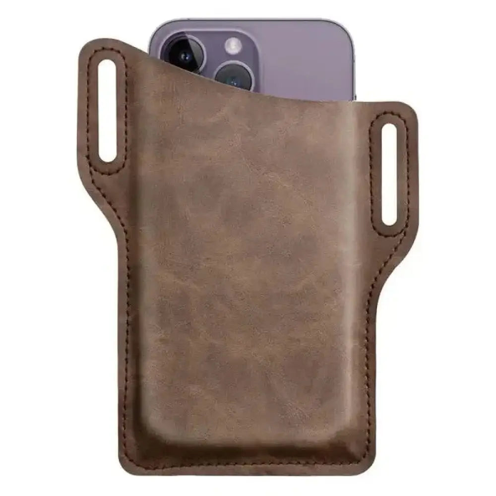 Brown genuine leather men’s belt loop phone holster with stitched edges and two side loops for secure carrying