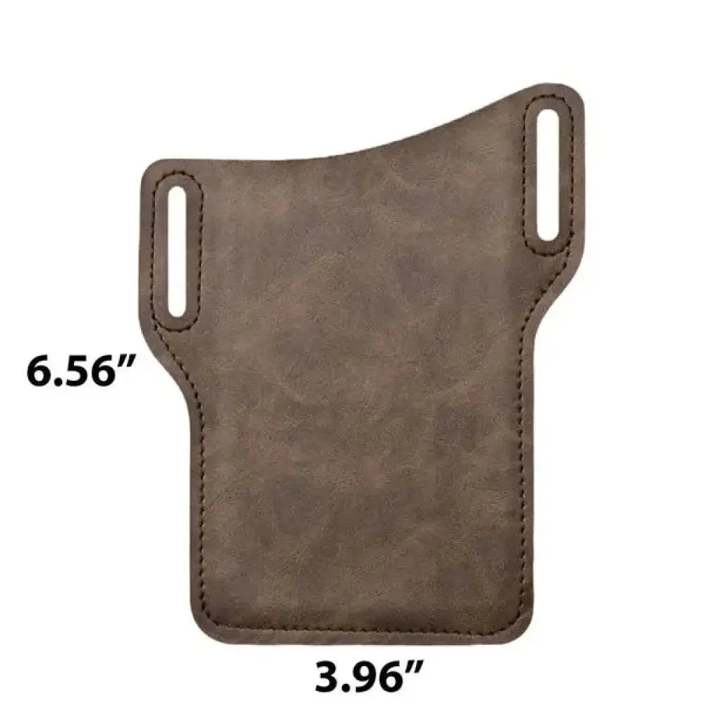 Brown genuine leather men’s belt loop phone holster with stitched edges and two vertical cutouts for attachment back view