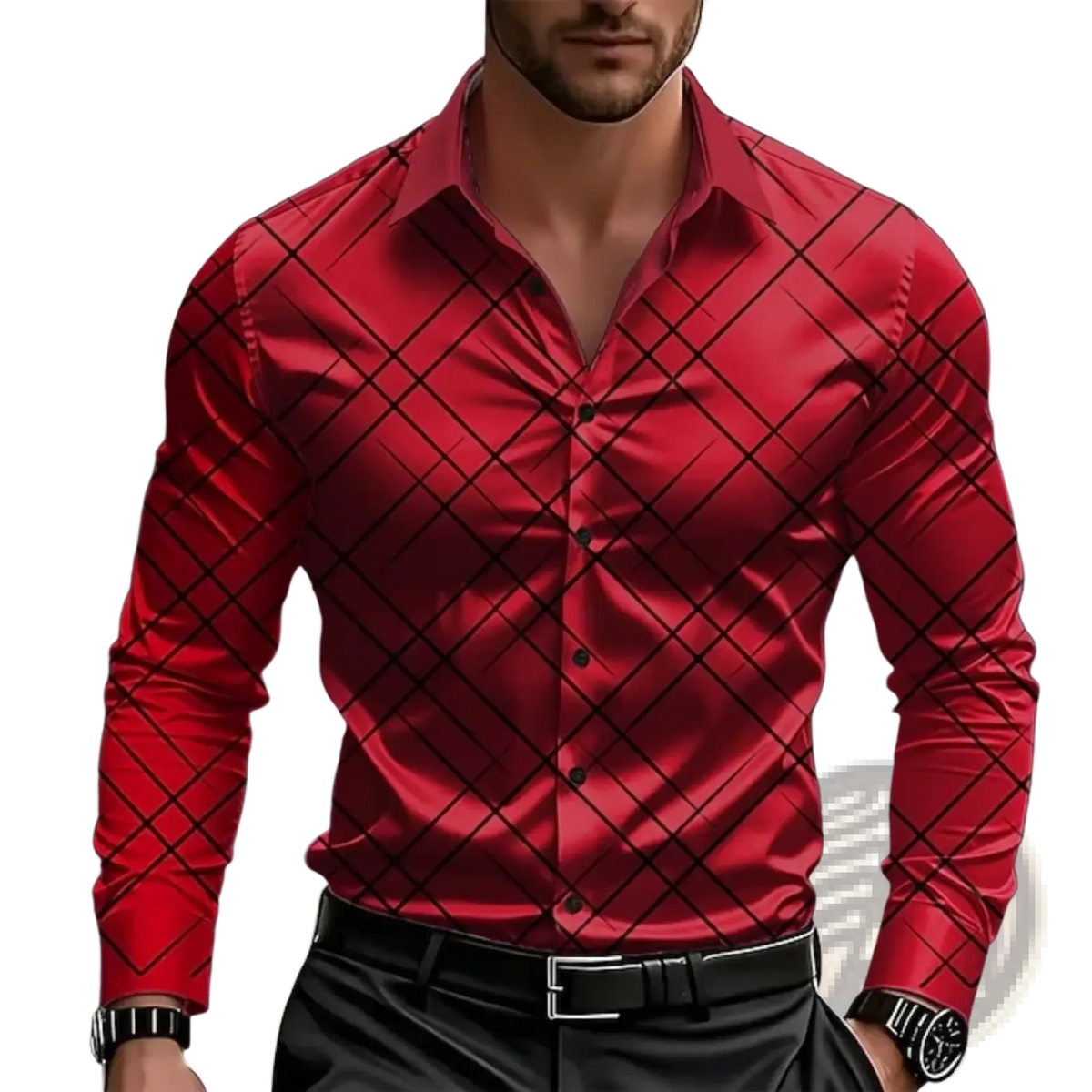 A vibrant red men checked long sleeve shirt with bold black grid pattern for casual workwear