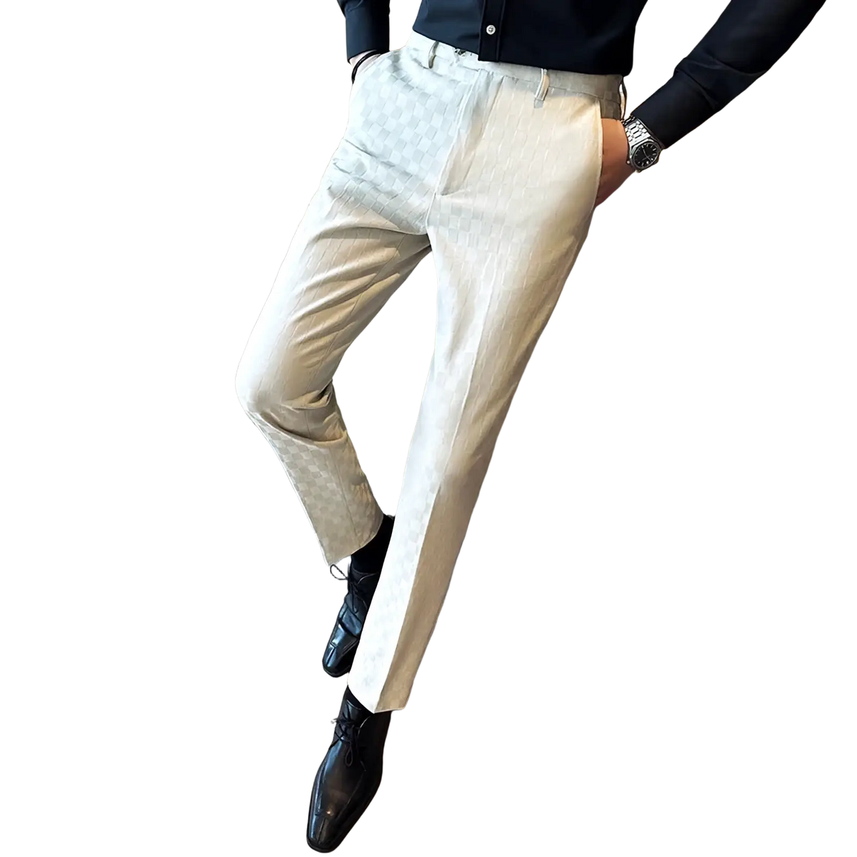 Men checkered suit pants slim fit formal trousers in beige textured patterned fabric for professional wear