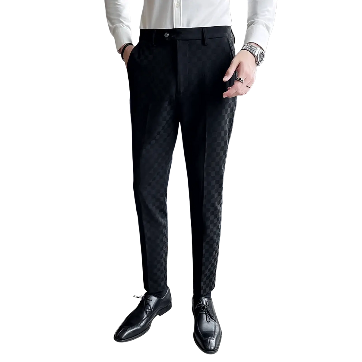 Black slim fit men checkered suit pants featuring a subtle checkered pattern along the outer legs for formal wear