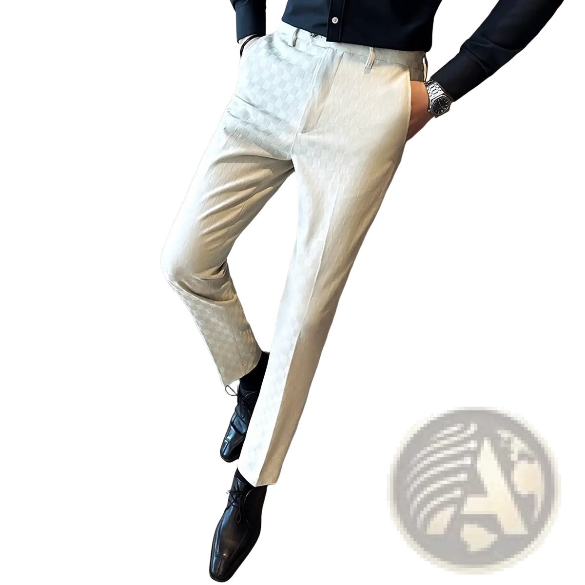 Men checkered suit pants slim fit formal trousers in beige textured patterned fabric for professional wear