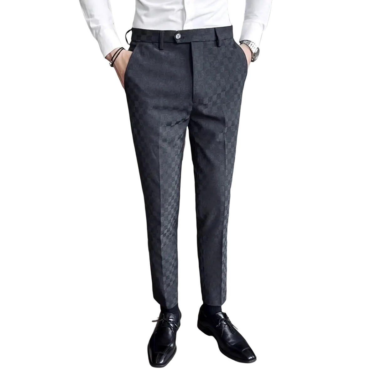 Dark gray slim fit men checkered suit pants made from smooth structured fabric for formal use