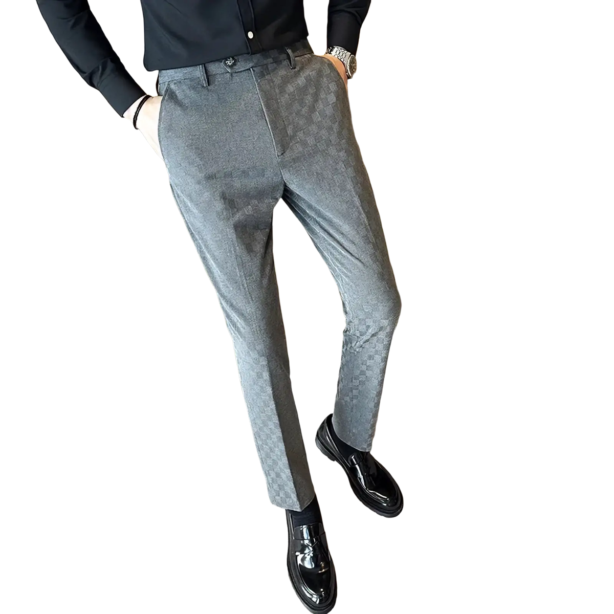 Men checkered suit pants slim fit formal trousers in gray with a subtle check pattern and tailored design