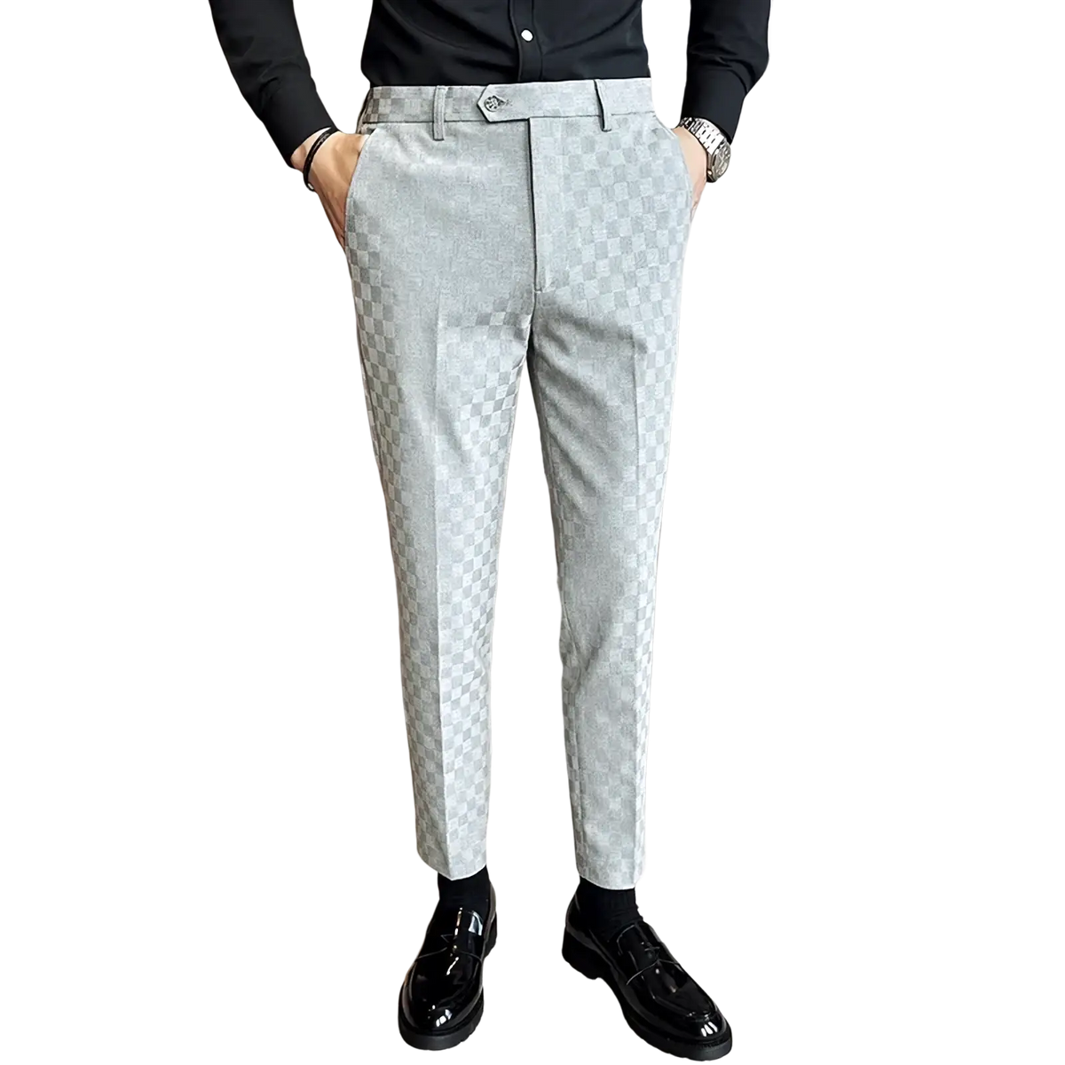 Men checkered suit pants in light gray with a subtle pattern crafted from smooth tailored fabric for formal wear