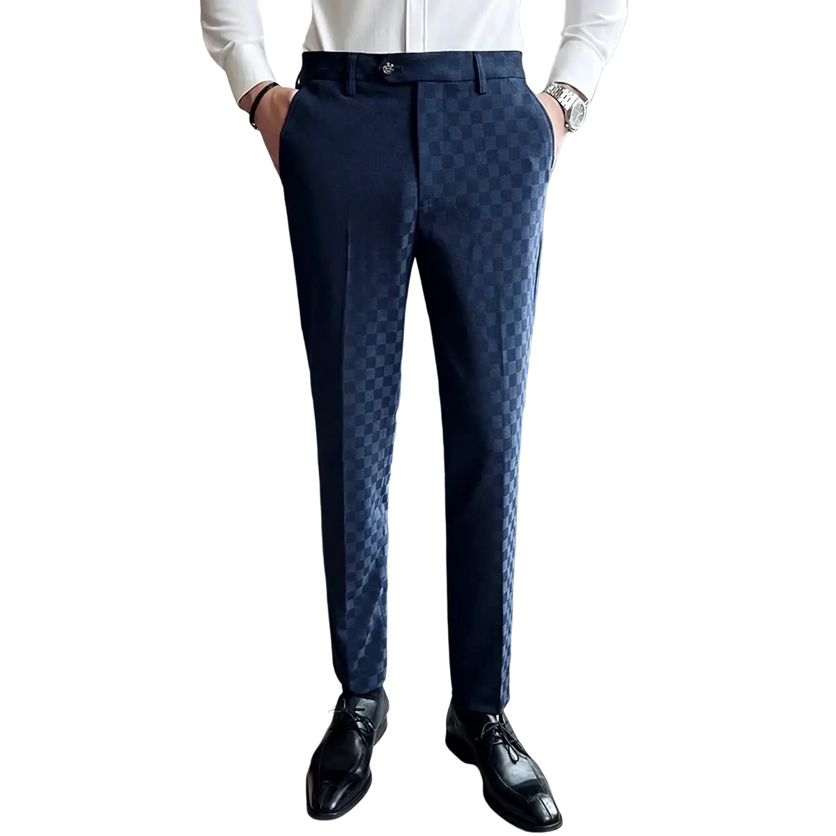 Navy blue checkered slim fit formal trousers with a subtle textured pattern tailored for men