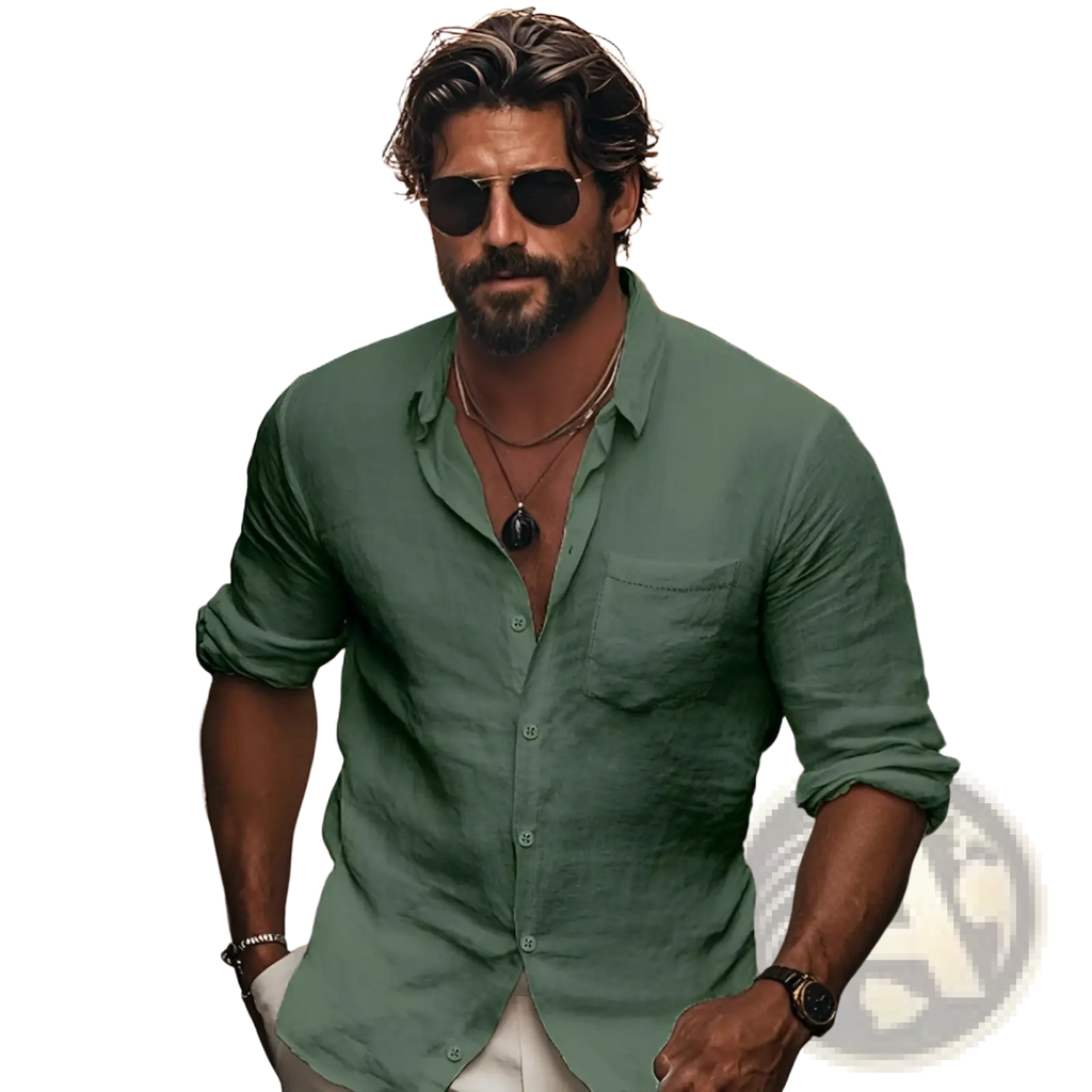 A man wearing a green linen men chinese collar casual long sleeve shirt with rolled sleeves and chest pocket