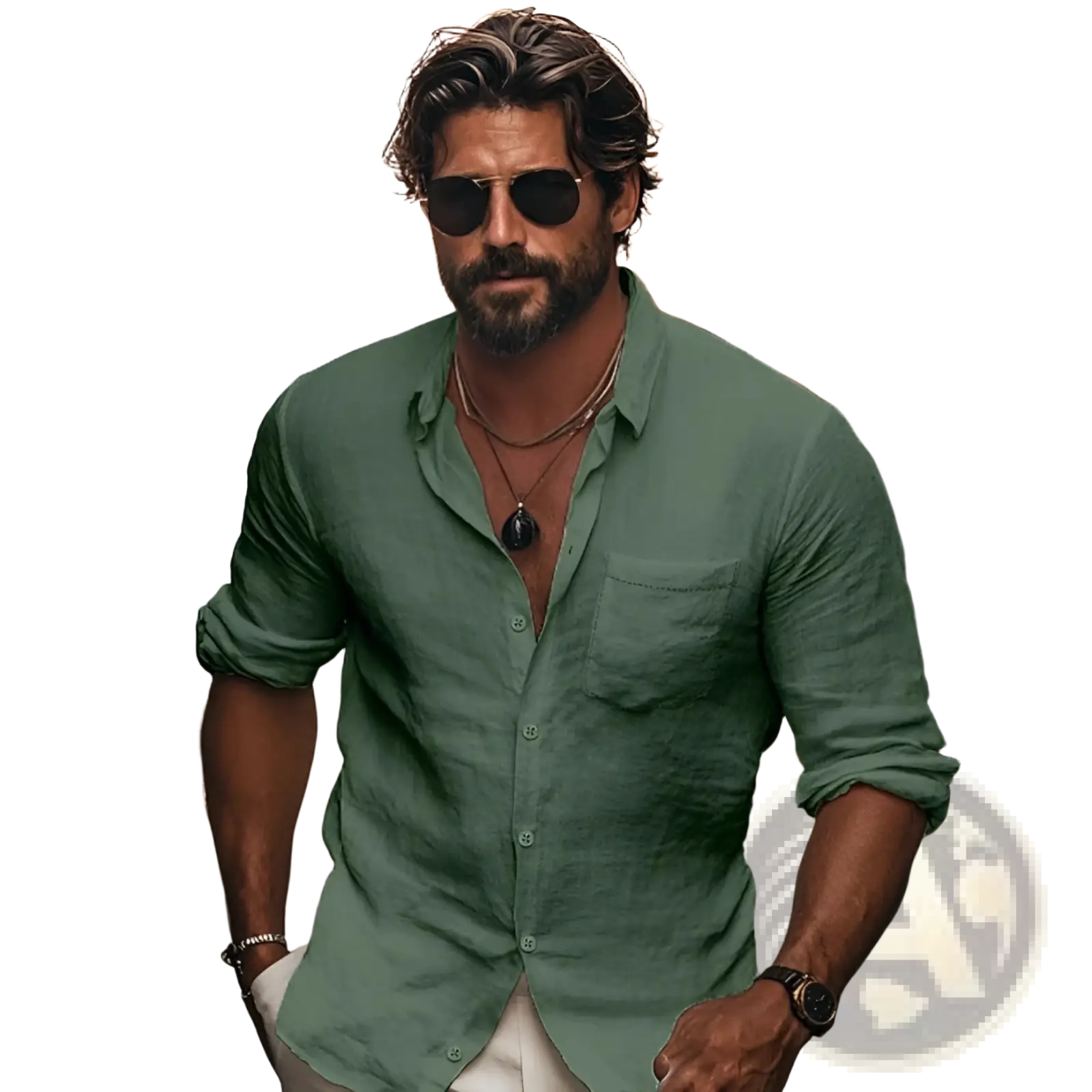 A man wearing a green linen men chinese collar casual long sleeve shirt with rolled sleeves and chest pocket