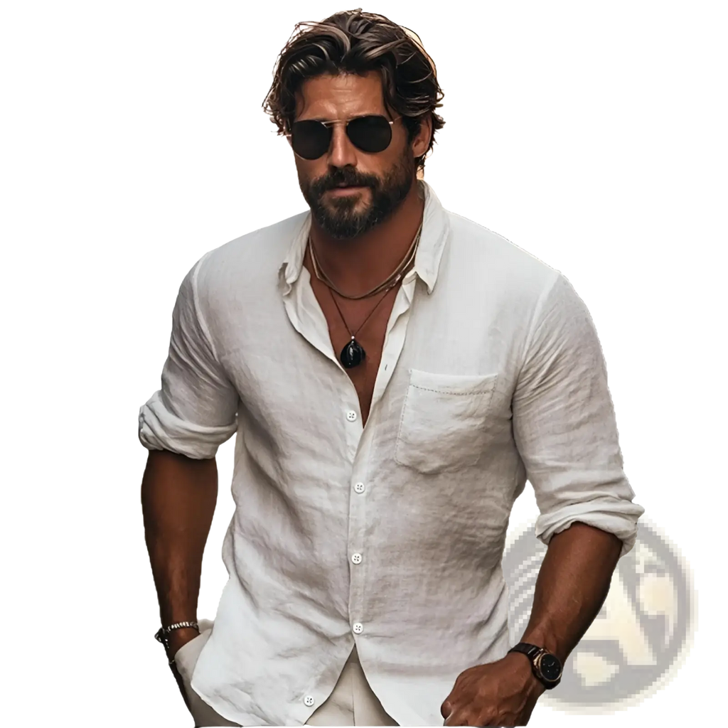 Men chinese collar casual long sleeve shirt in crisp white linen with rolled-up sleeves and a chest pocket