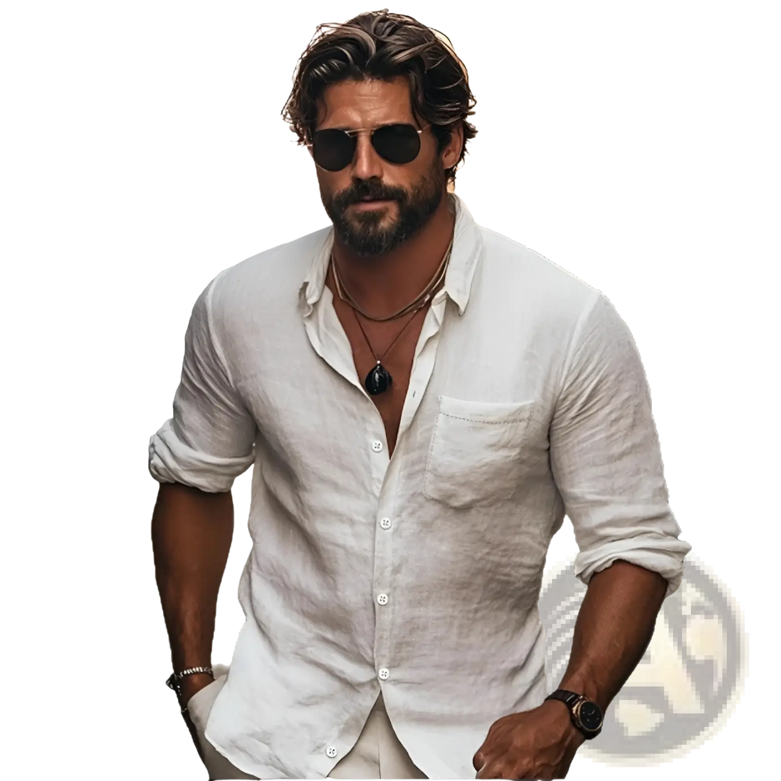 Men chinese collar casual long sleeve shirt in crisp white linen with rolled-up sleeves and a chest pocket