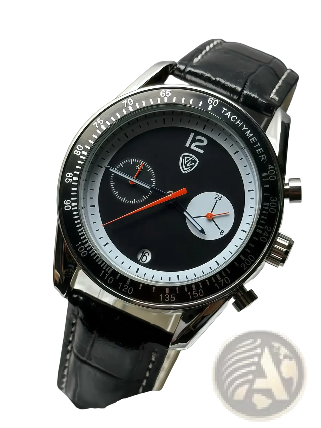 Men chronograph leather quartz watch with black leather strap silver case black dial orange hands and white subdials