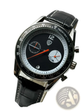 Men chronograph leather quartz watch with black leather strap silver case black dial orange hands and white subdials