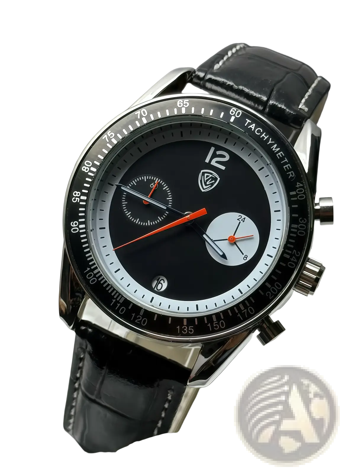 Men chronograph leather quartz watch with black leather strap silver case black dial orange hands and white subdials