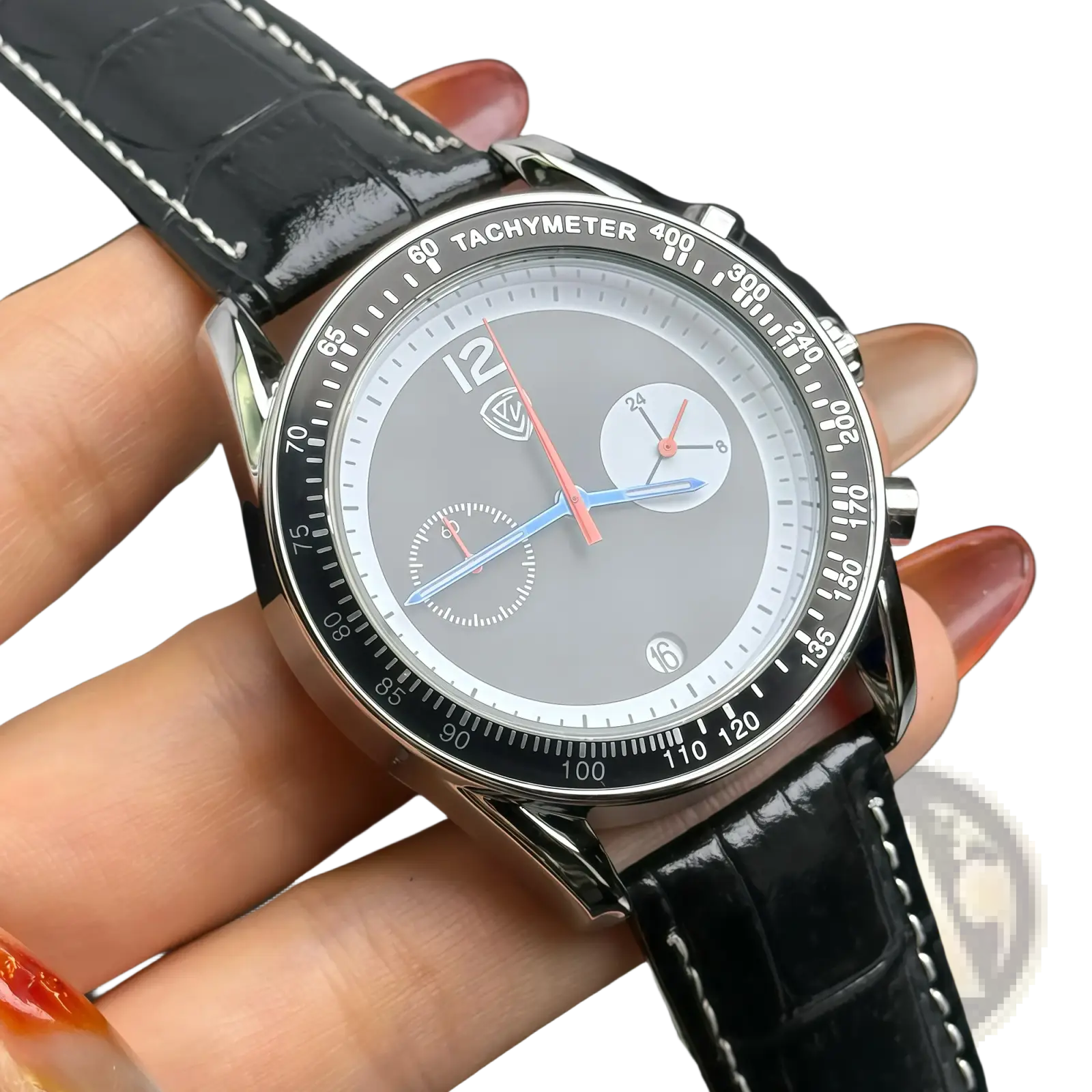A men chronograph leather quartz watch with a silver-toned case gray dial and black crocodile leather strap with white stitching