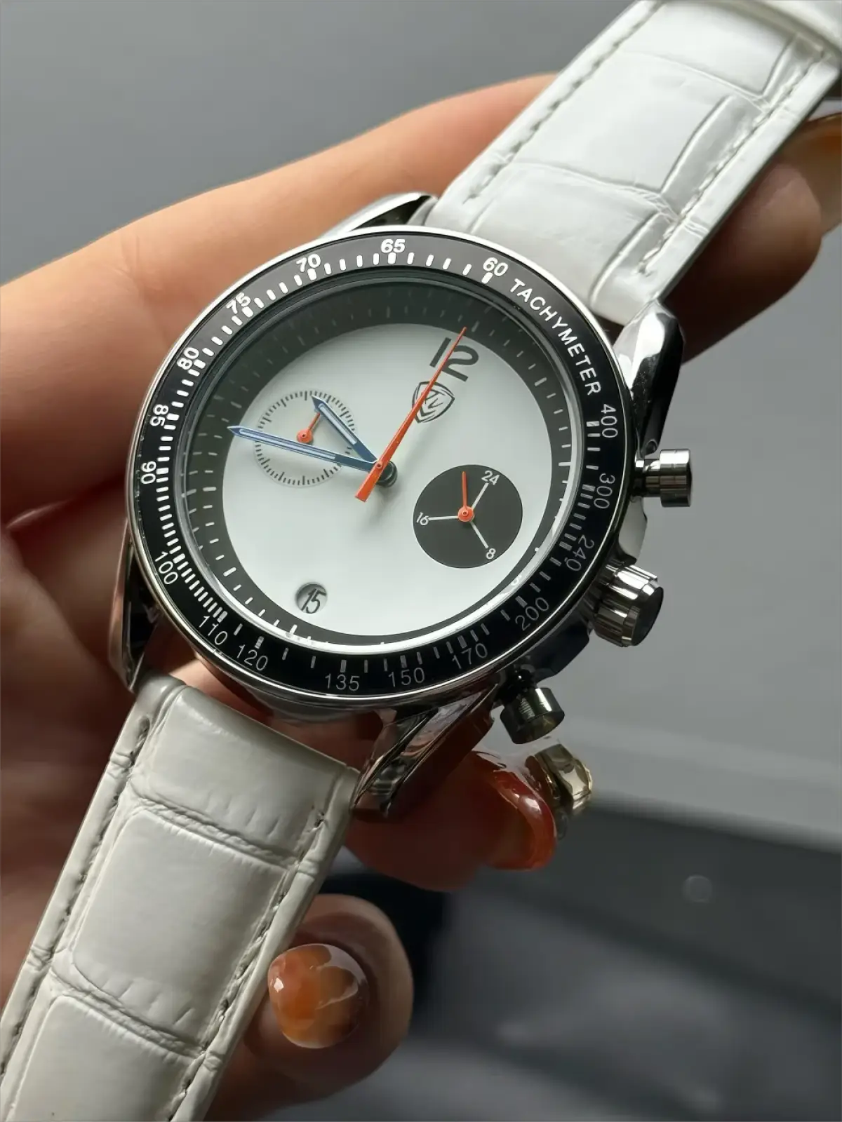 Men chronograph leather quartz watch with white crocodile-patterned strap silver case and black dial orange hands