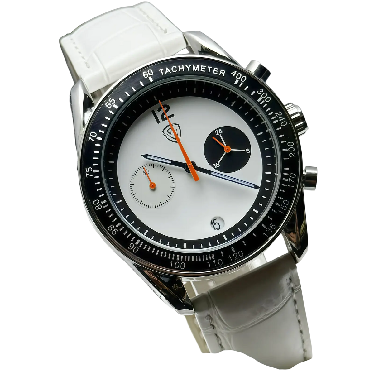 Men chronograph leather quartz watch with white leather strap, silver case, black tachymeter bezel, and orange hands