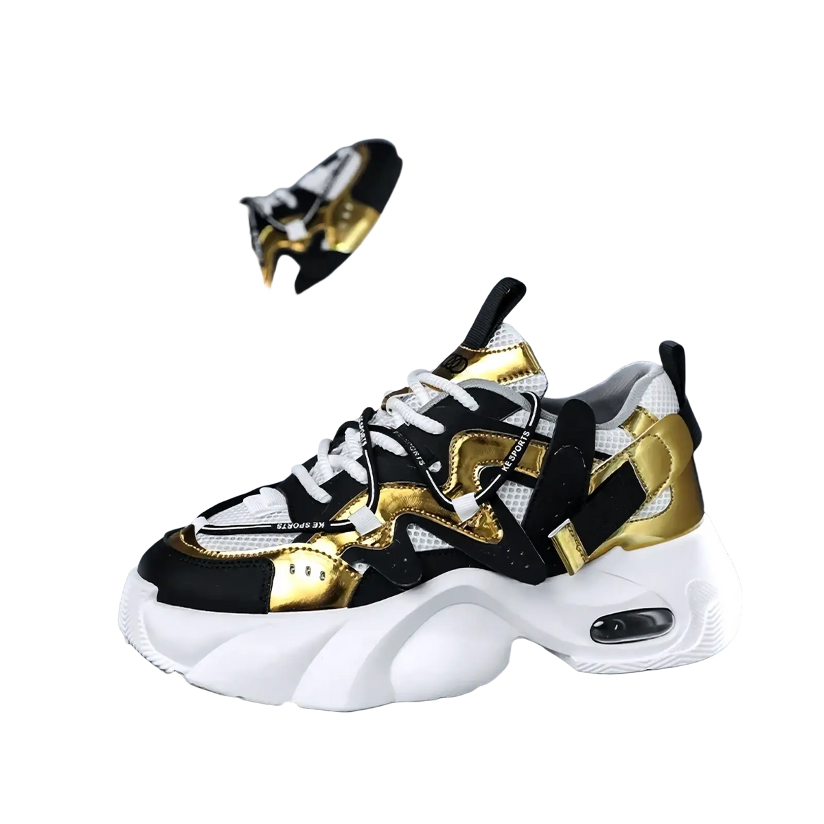 Men chunky air cushion casual sneakers in black and gold with white mesh panels and thick foam soles
