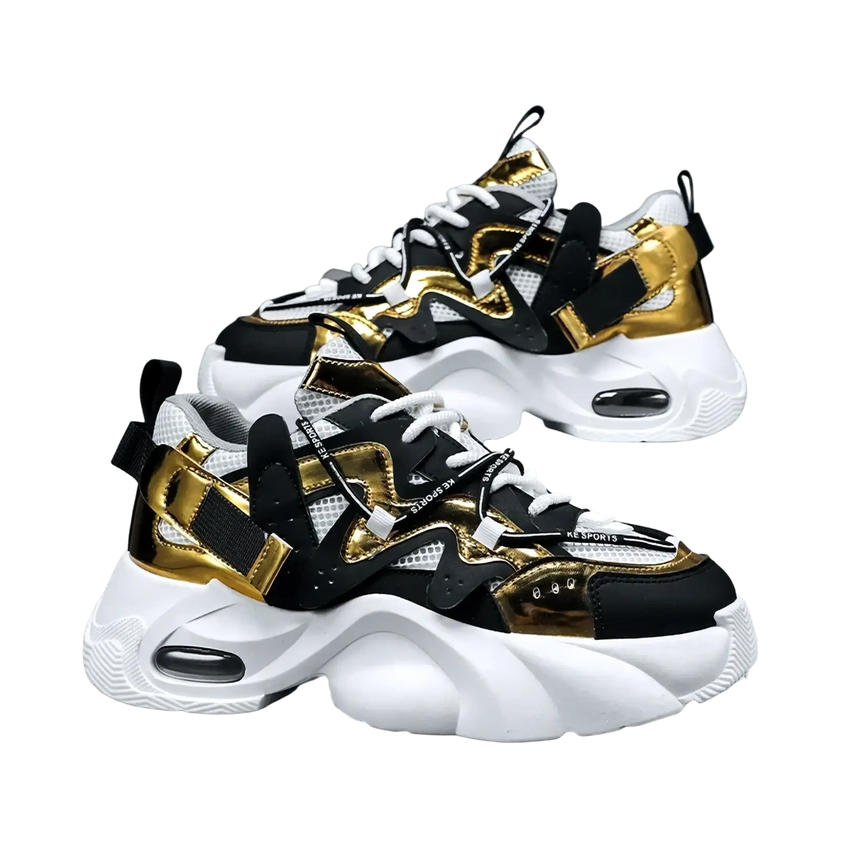 Men chunky air cushion casual sneakers in black and gold with white mesh panels and thick rubber soles