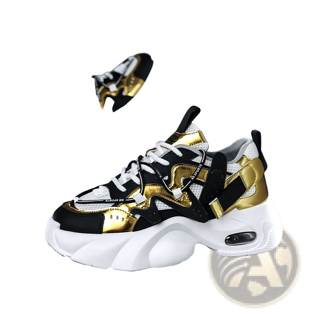Men chunky air cushion casual sneakers in black and gold with white mesh panels and thick foam soles
