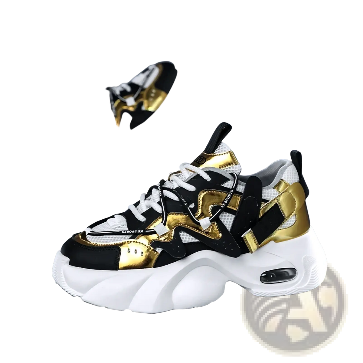 Men chunky air cushion casual sneakers in black and gold with white mesh panels and thick foam soles