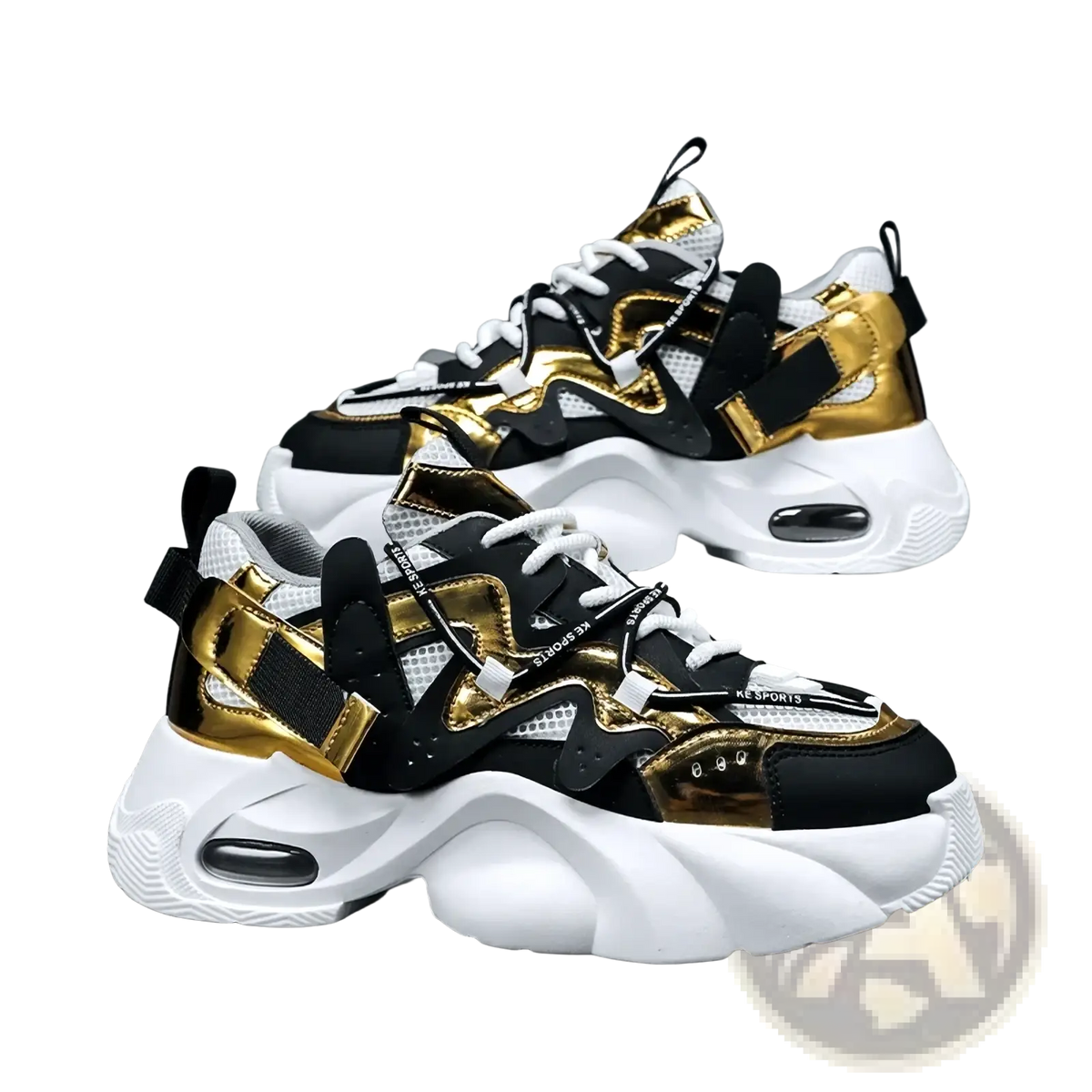 Men chunky air cushion casual sneakers in black and gold with white mesh panels and thick rubber soles