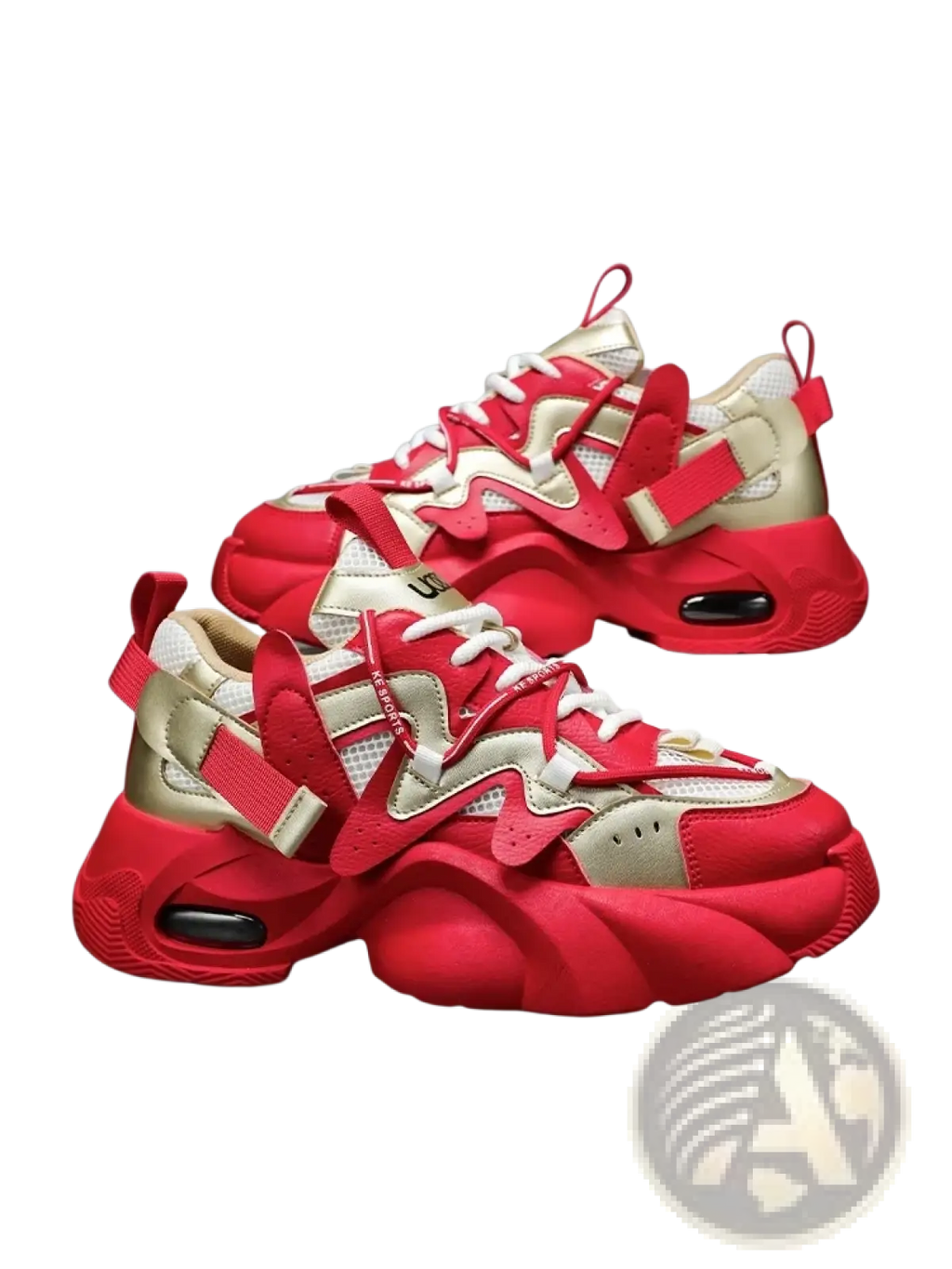 Men chunky air cushion casual sneakers in red and beige with bold layered mesh panels and thick rubber soles