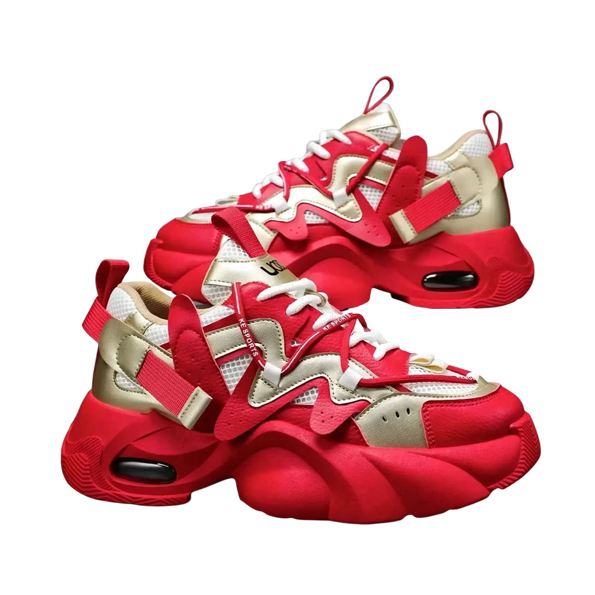 Men chunky air cushion casual sneakers in red and beige with bold sculpted design and visible air cushioning units