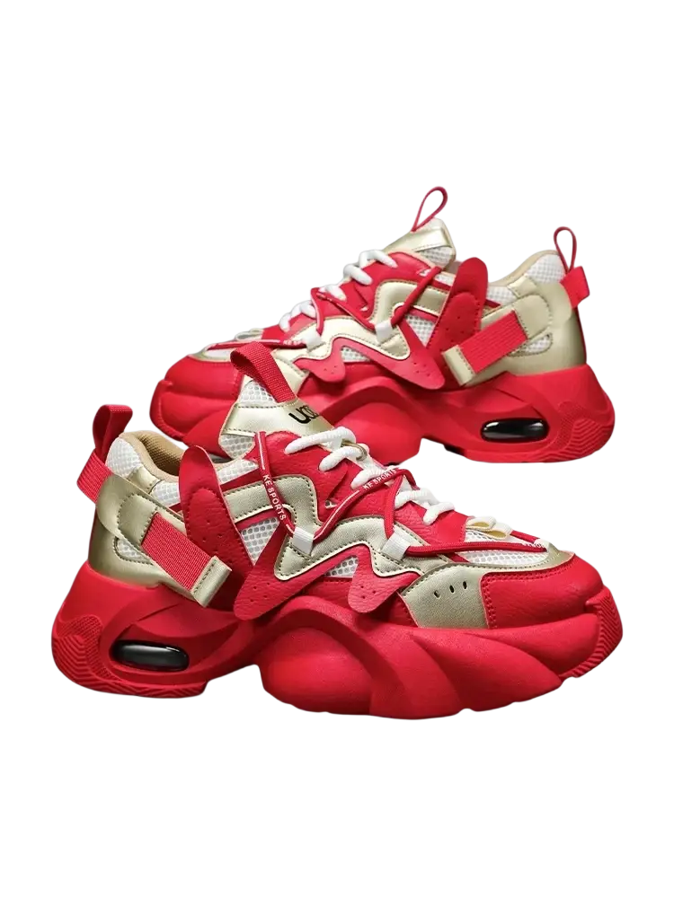 Men chunky air cushion casual sneakers in red and beige with bold layered mesh panels and thick rubber soles