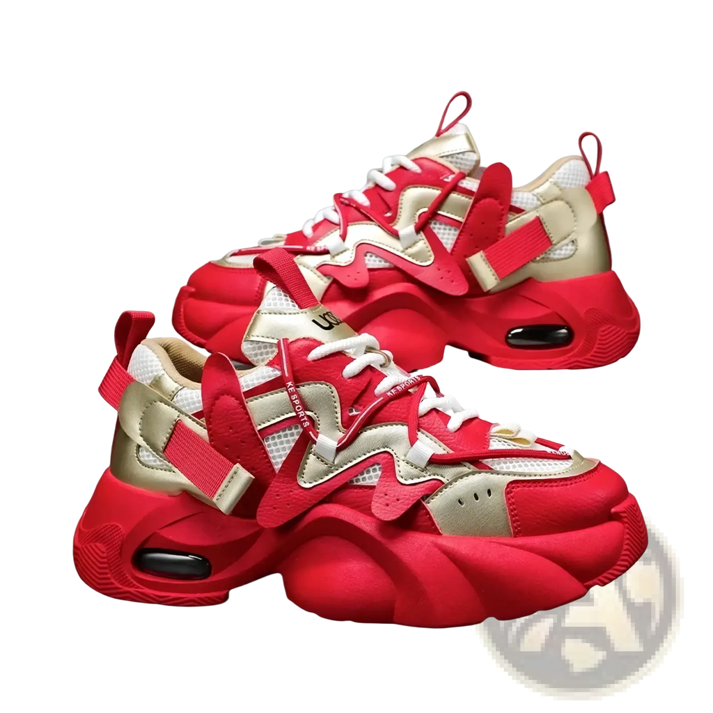Men chunky air cushion casual sneakers in red and beige with bold sculpted design and visible air cushioning units