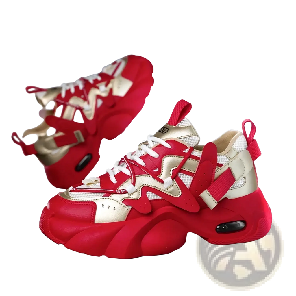 Men chunky air cushion casual sneakers in red and cream featuring bold sculpted design elements and thick soles