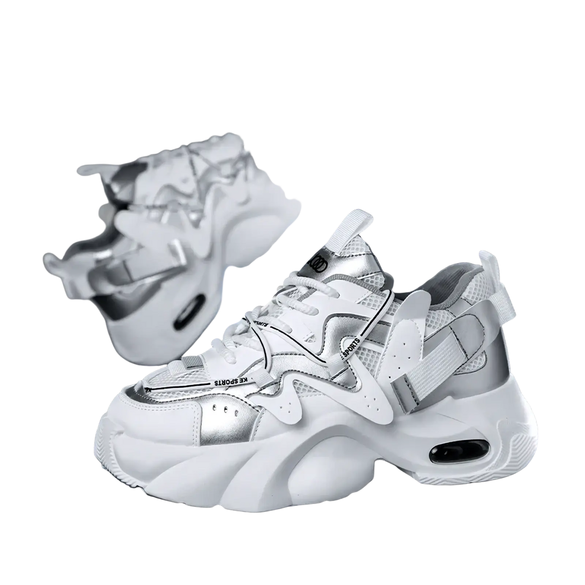 Men chunky air cushion casual sneaker in white and silver with mesh and synthetic overlays and bold air cushioning unit