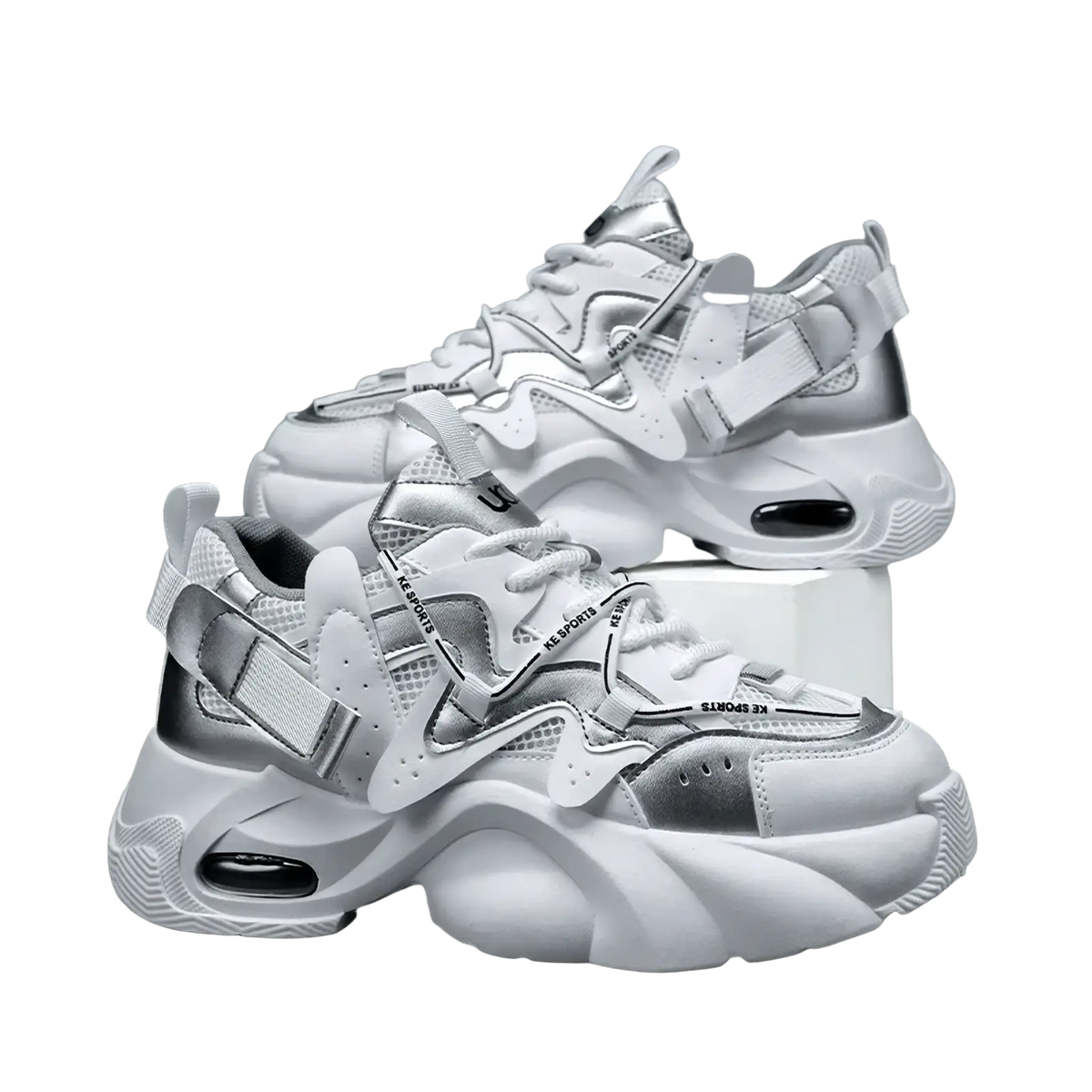 Men chunky air cushion casual sneakers in white and silver with mesh and synthetic overlays and bold heel cushioning