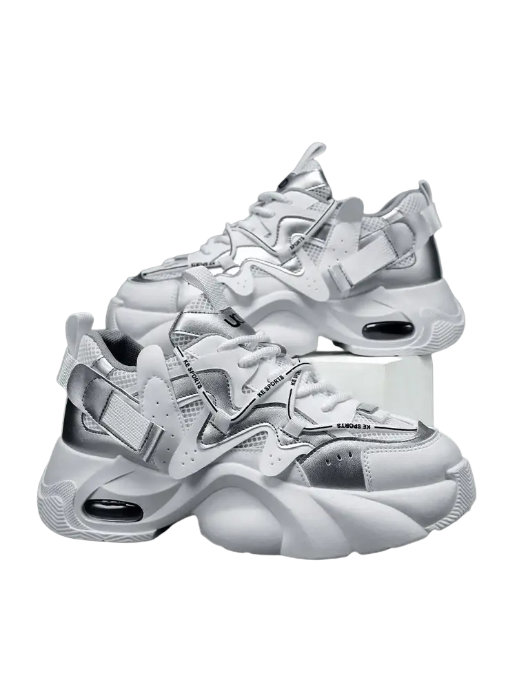 Men chunky air cushion casual sneakers in white and silver with a bold layered design featuring mesh panels and metallic accents