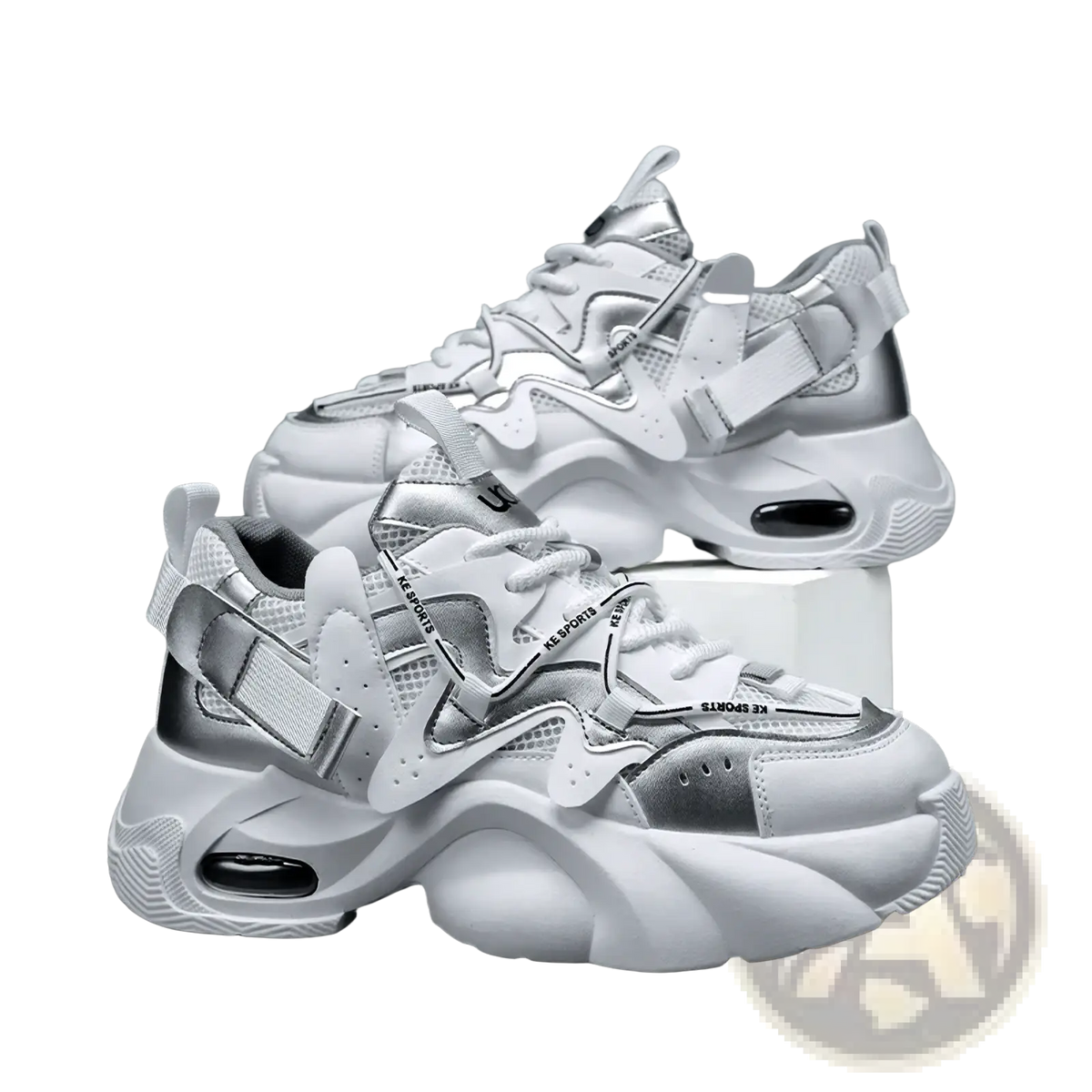 Men chunky air cushion casual sneakers in white and silver with mesh and synthetic overlays and bold heel cushioning