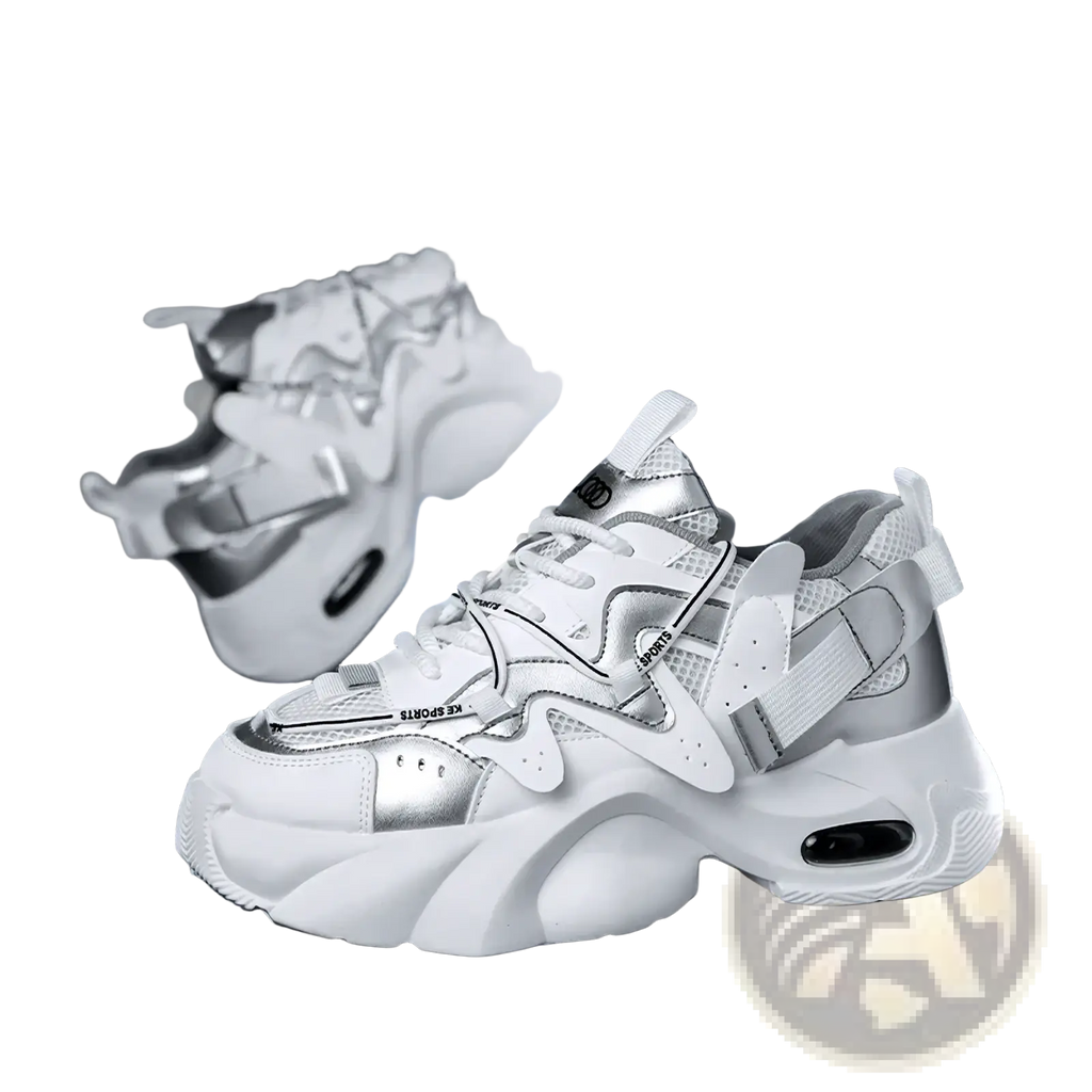 Men chunky air cushion casual sneaker in white and silver with mesh and synthetic overlays and bold air cushioning unit