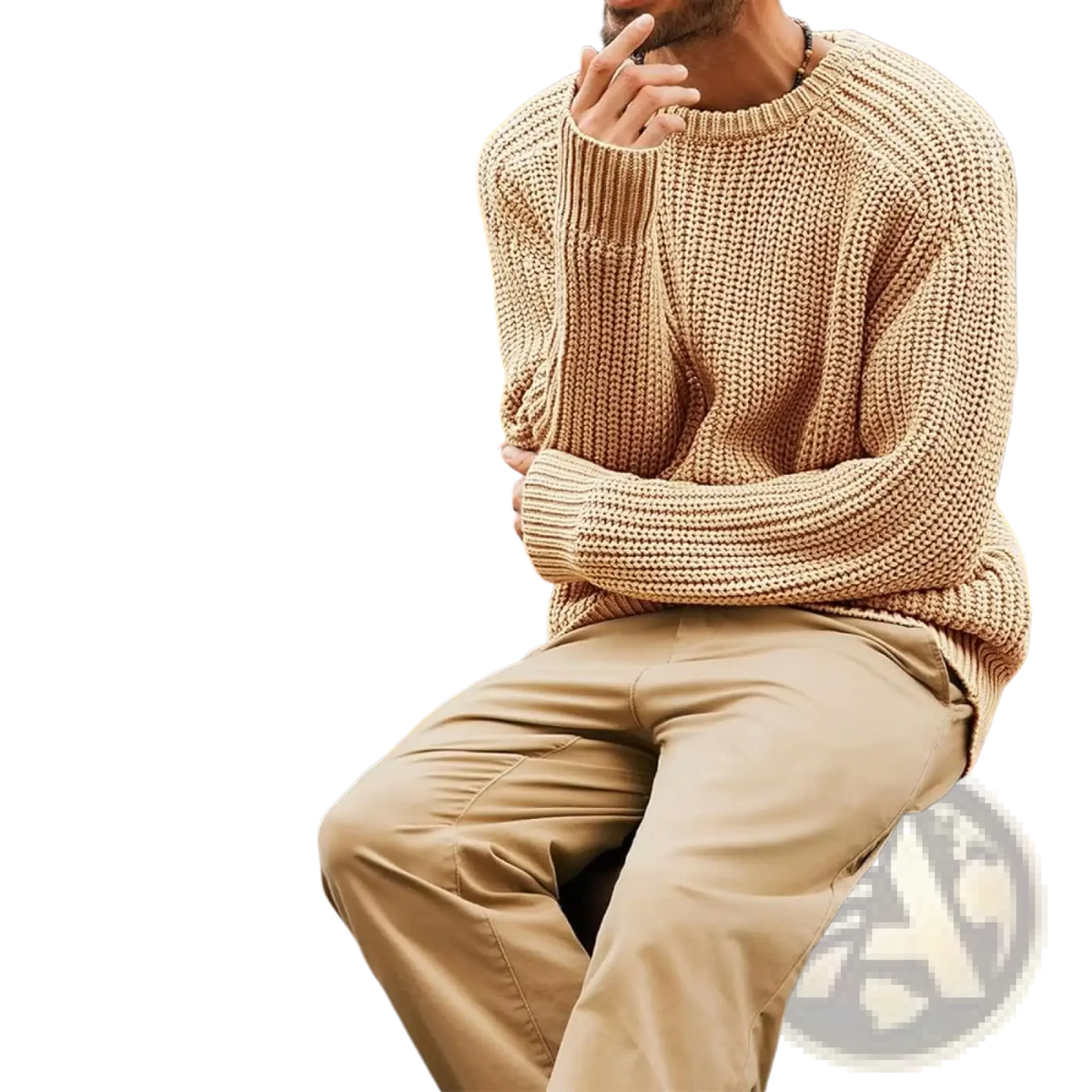 Men chunky knit sweater beige pullover with ribbed crew neck and cuffs casual warm knitwear