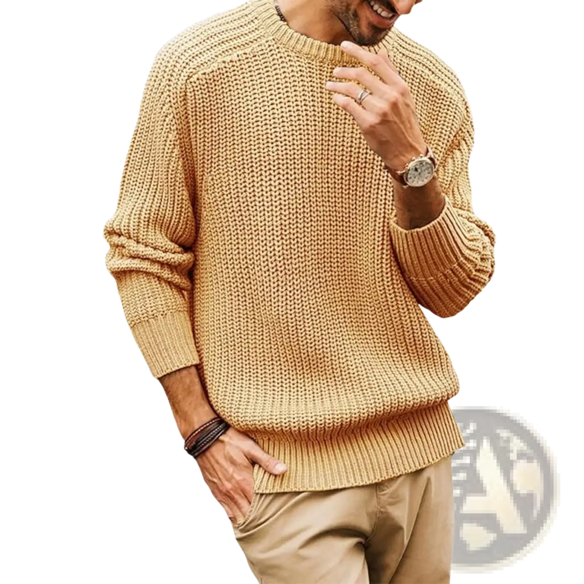 Men chunky knit sweater casual crew neck pullover in cozy beige with ribbed cuffs made of thick knit material