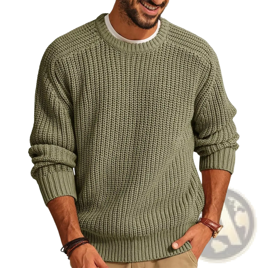 Men chunky knit sweater in olive green with ribbed cuffs and hem featuring a casual crew neck design