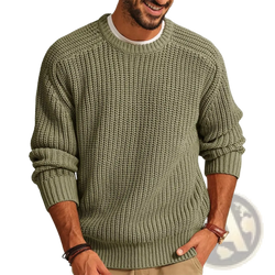 Men chunky knit sweater in olive green with ribbed cuffs and hem featuring a casual crew neck design
