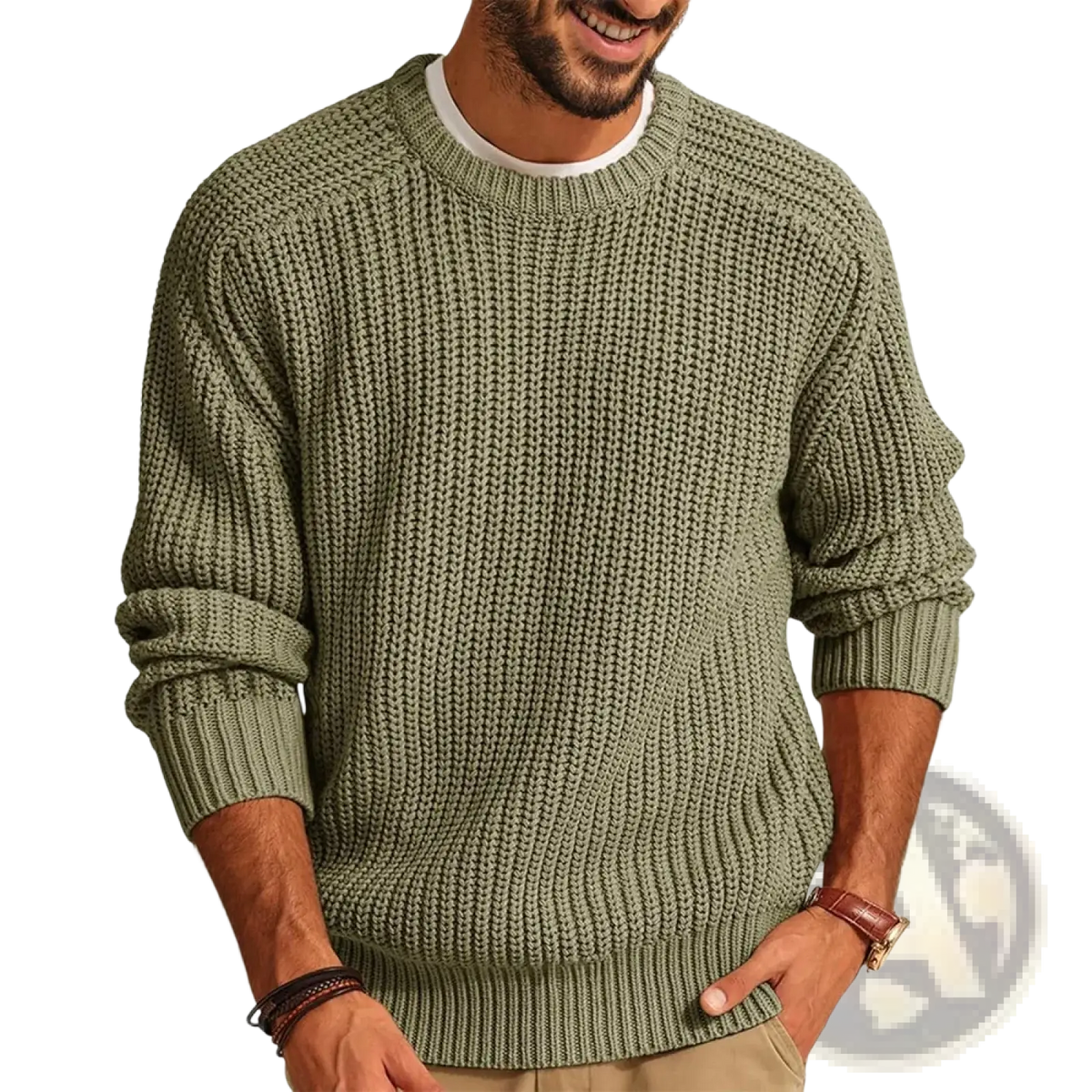 Men chunky knit sweater in olive green with ribbed cuffs and hem featuring a casual crew neck design