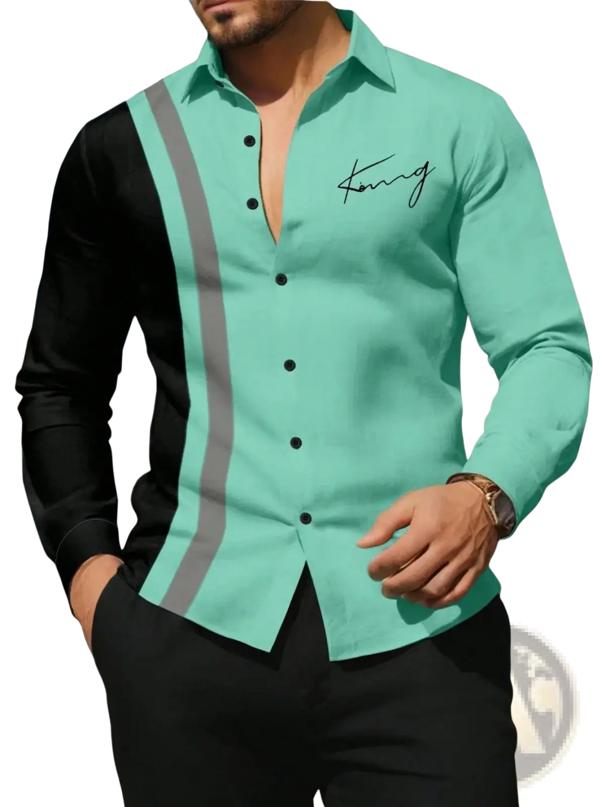 A men classic business casual long sleeve shirt in vibrant teal and black color block with gray reflective stripes and kong logo